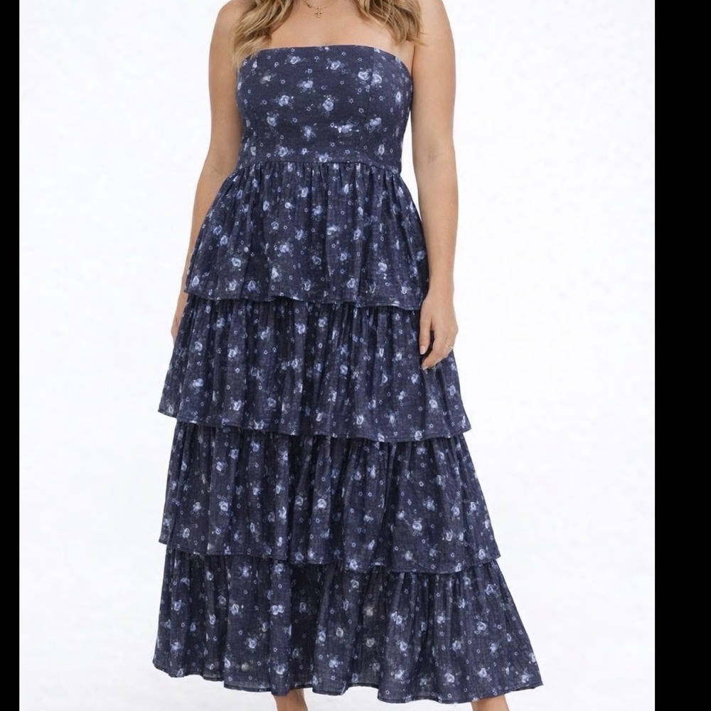 Altar'd State Navy Blue Floral Strapless Tiered Maxi Dress - Picture 2 of 11